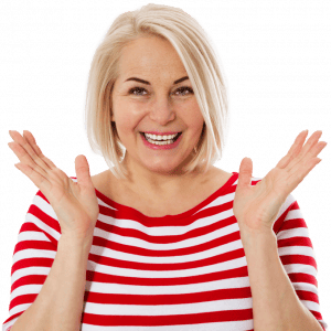 happy woman with striped red shirt